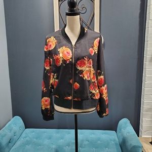 Floral Bomber Jacket - Black with Red and Orange Roses